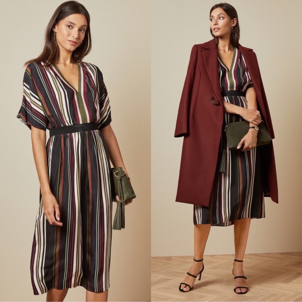 Ted Baker "Safiiya" Oversized Striped Knit-Trim V-Neck Dolman Midi Dress Boho 2